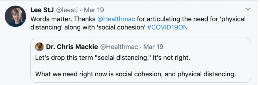 Screenshot showing tweet from LeeStJ re: physical distancing and social cohesion to connect people during COVID.