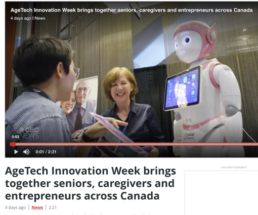 Screenshot of CBC news with Lee, Mindy and a woman interacting with the robot